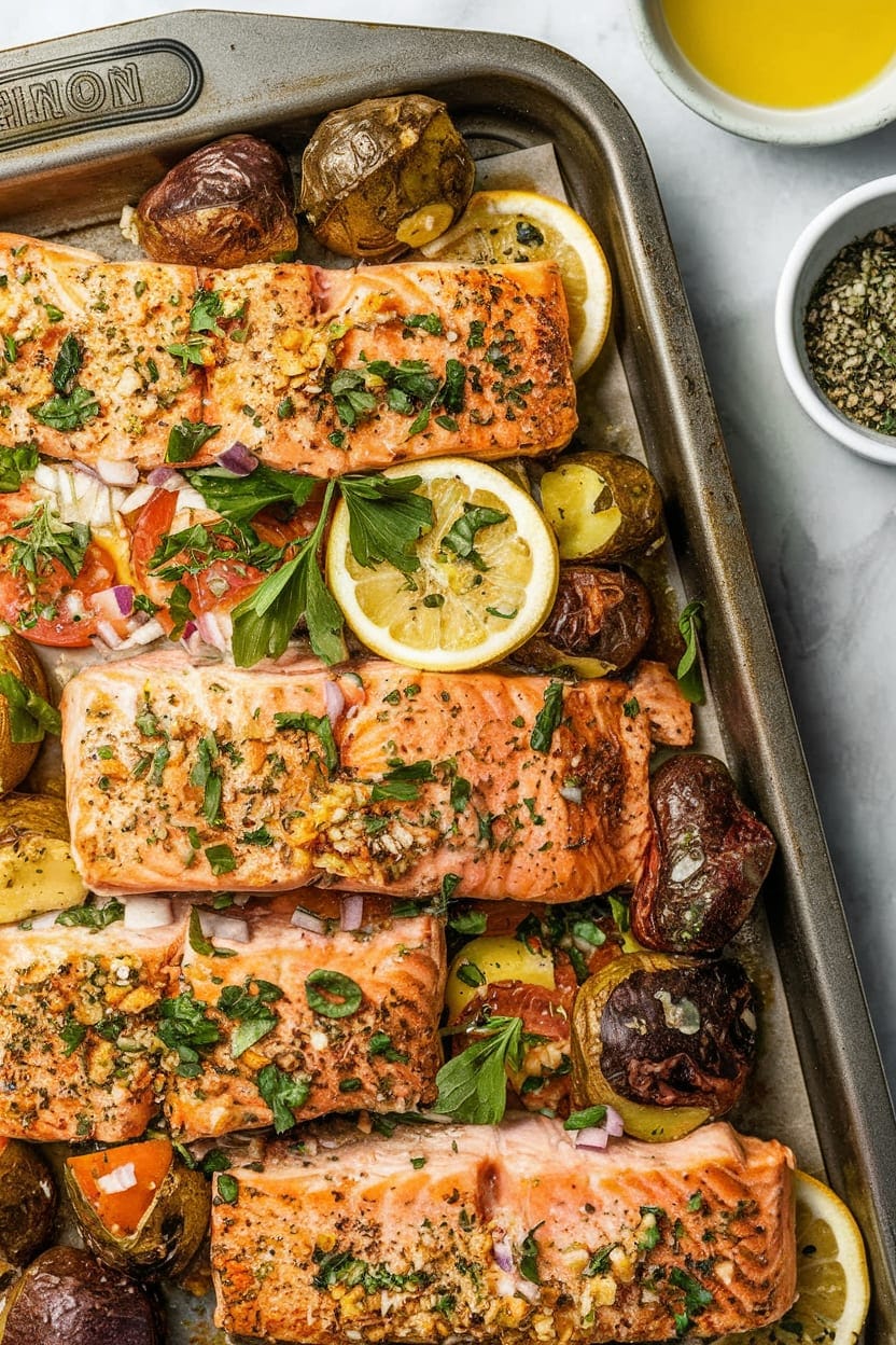 Sheet Pan Salmon with Citrus Avocado Salsa and Potatoes.