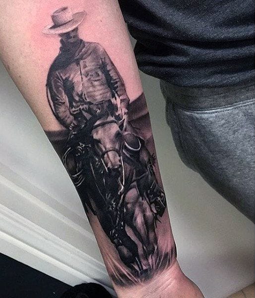 wild west with horse-themed cowboy hat tattoos in detailed realism