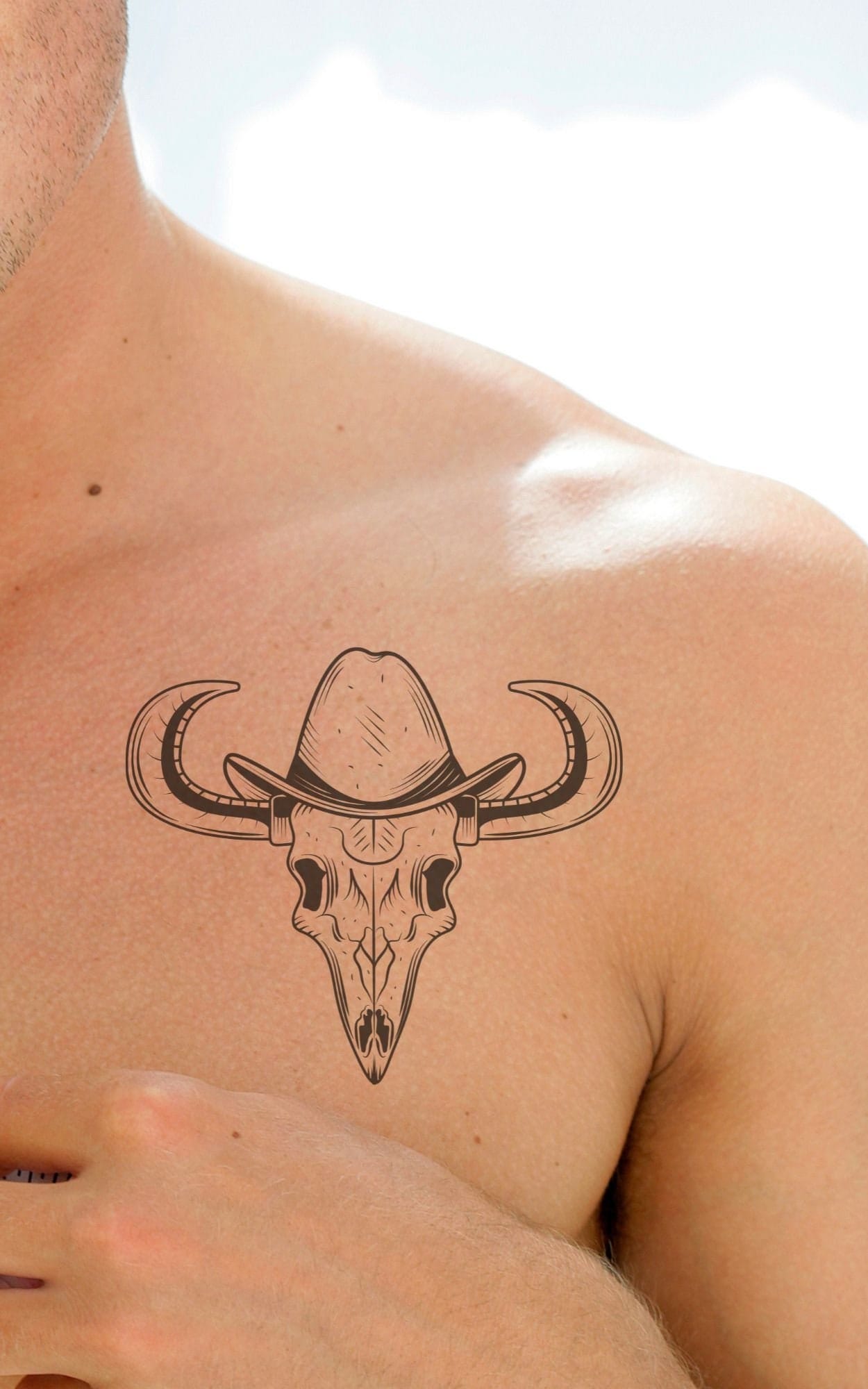 wild west with longhorn skull cowboy hat tattoos in tribal style