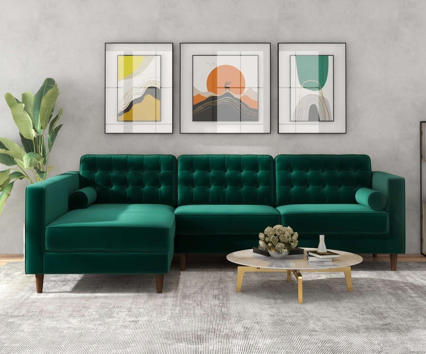 living room with mid-century modern green velvet sectional with tapered legs