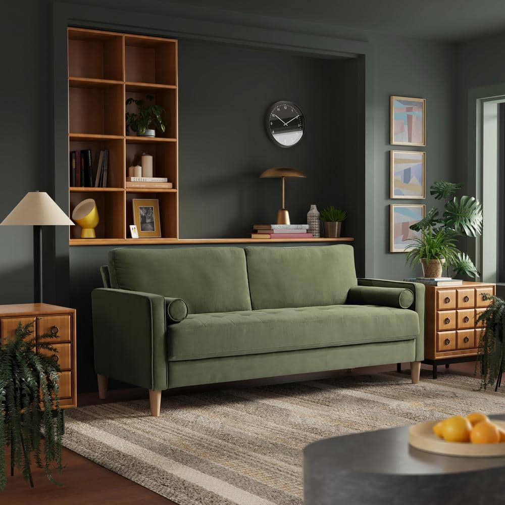 living room with hunter green velvet lawson sofa with track arms and wood frame