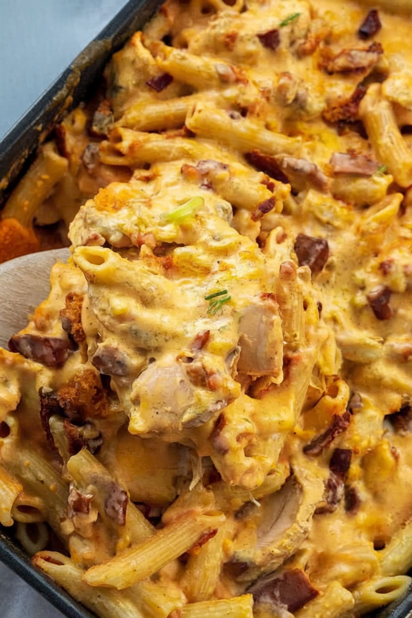 Healthy Buffalo Chicken Pasta Bake