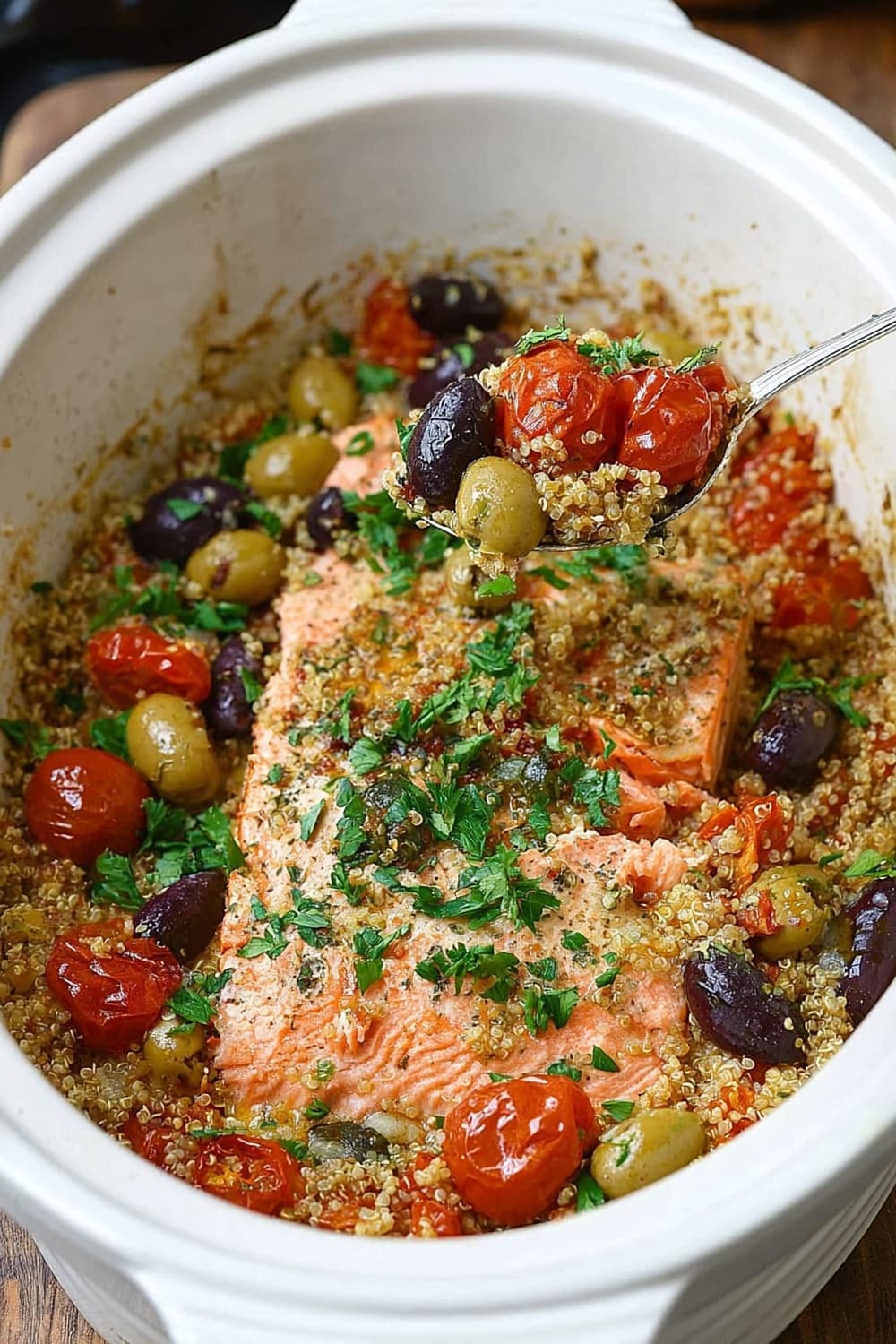 Slow Cooker Salmon With Olives, Tomatoes, and Lemony Quinoa