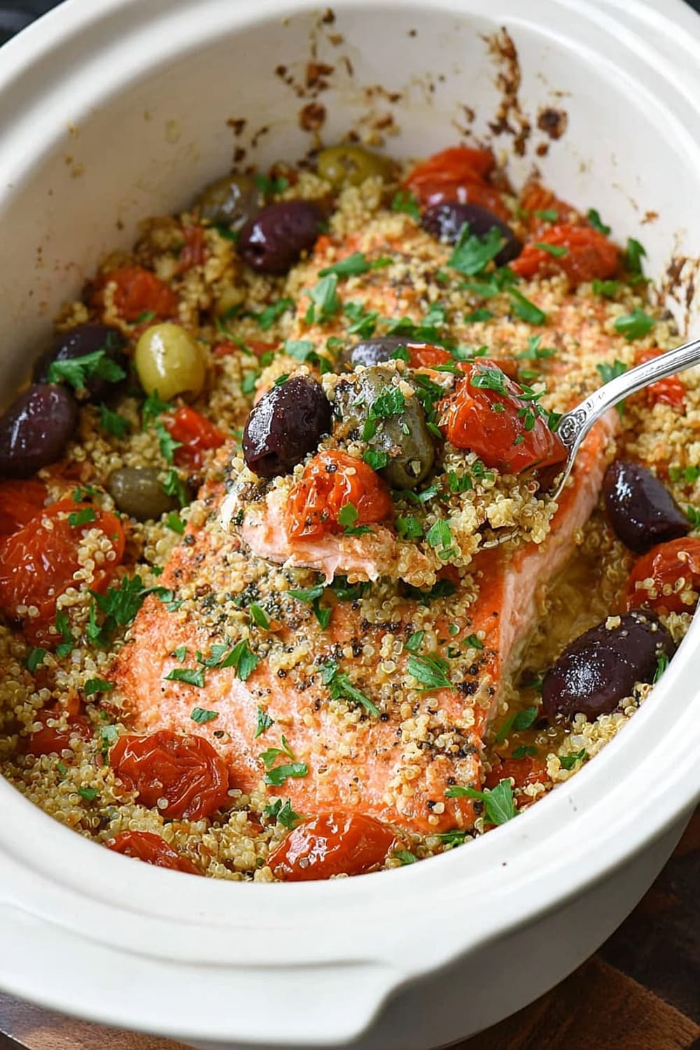 Slow Cooker Salmon With Olives, Tomatoes, and Lemony Quinoa