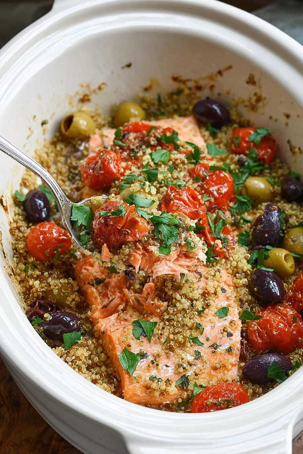Slow Cooker Salmon With Olives, Tomatoes, and Lemony Quinoa