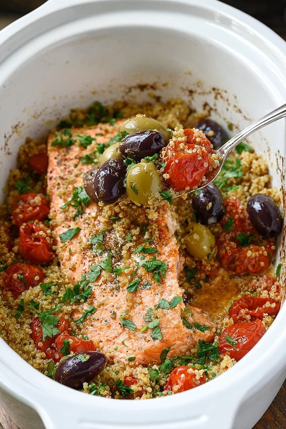 Slow Cooker Salmon With Olives, Tomatoes, and Lemony Quinoa