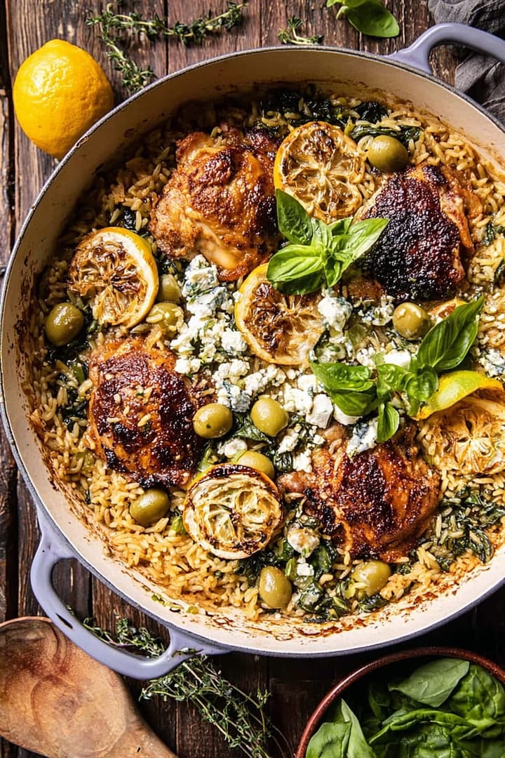 One Skillet Greek Lemon Chicken and Rice